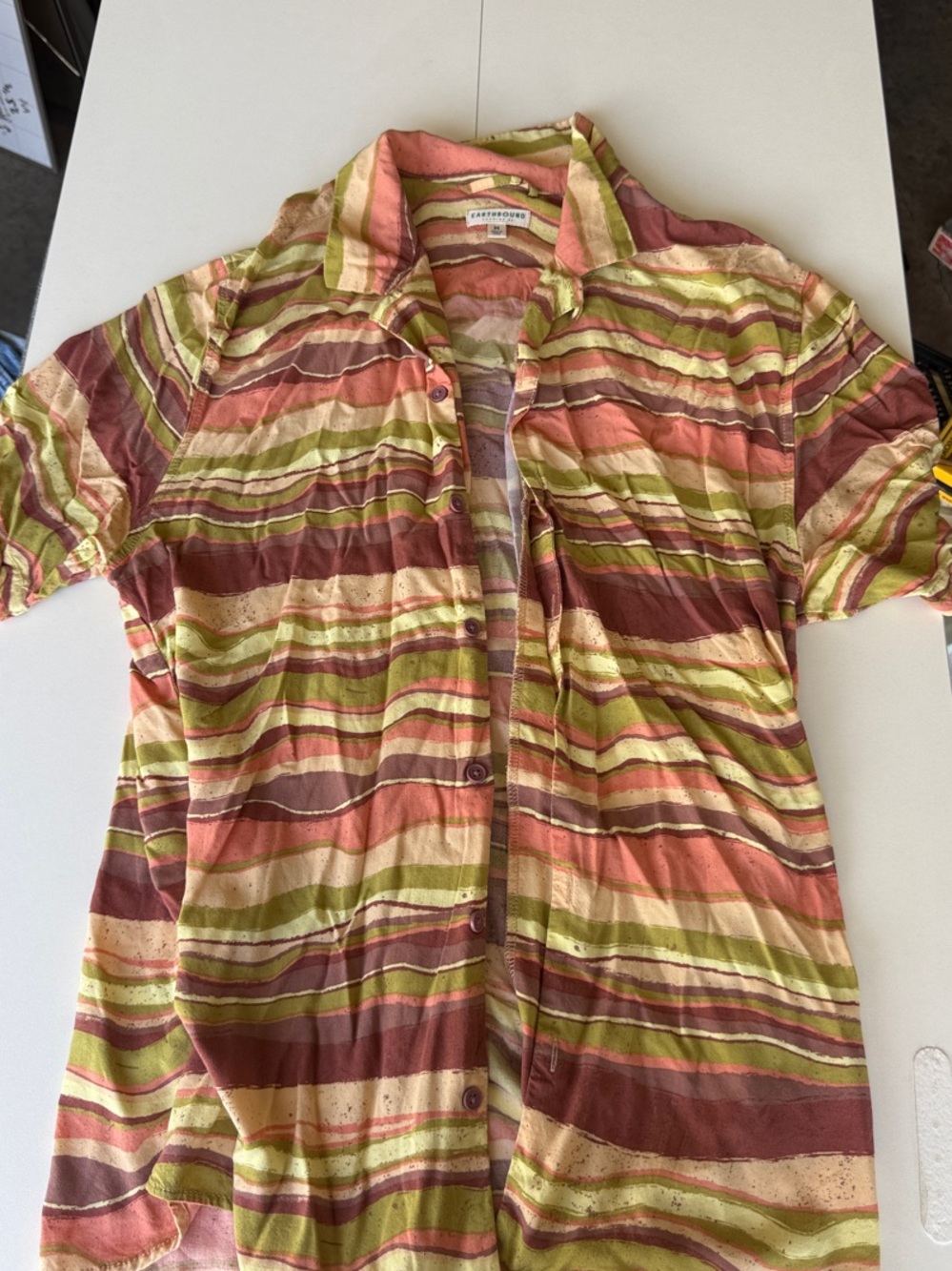 EARTHBOUND Striped Short Sleeve Shirt in Coral, Olive & Cream